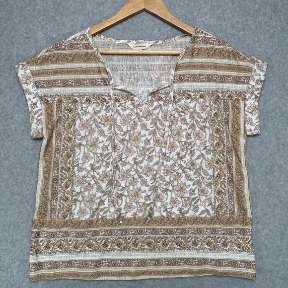 Lucky Brand Tops - Lucky Brand Women's Medium Floral Print Tie Neck Short Sleeve Blouse Top NWT
